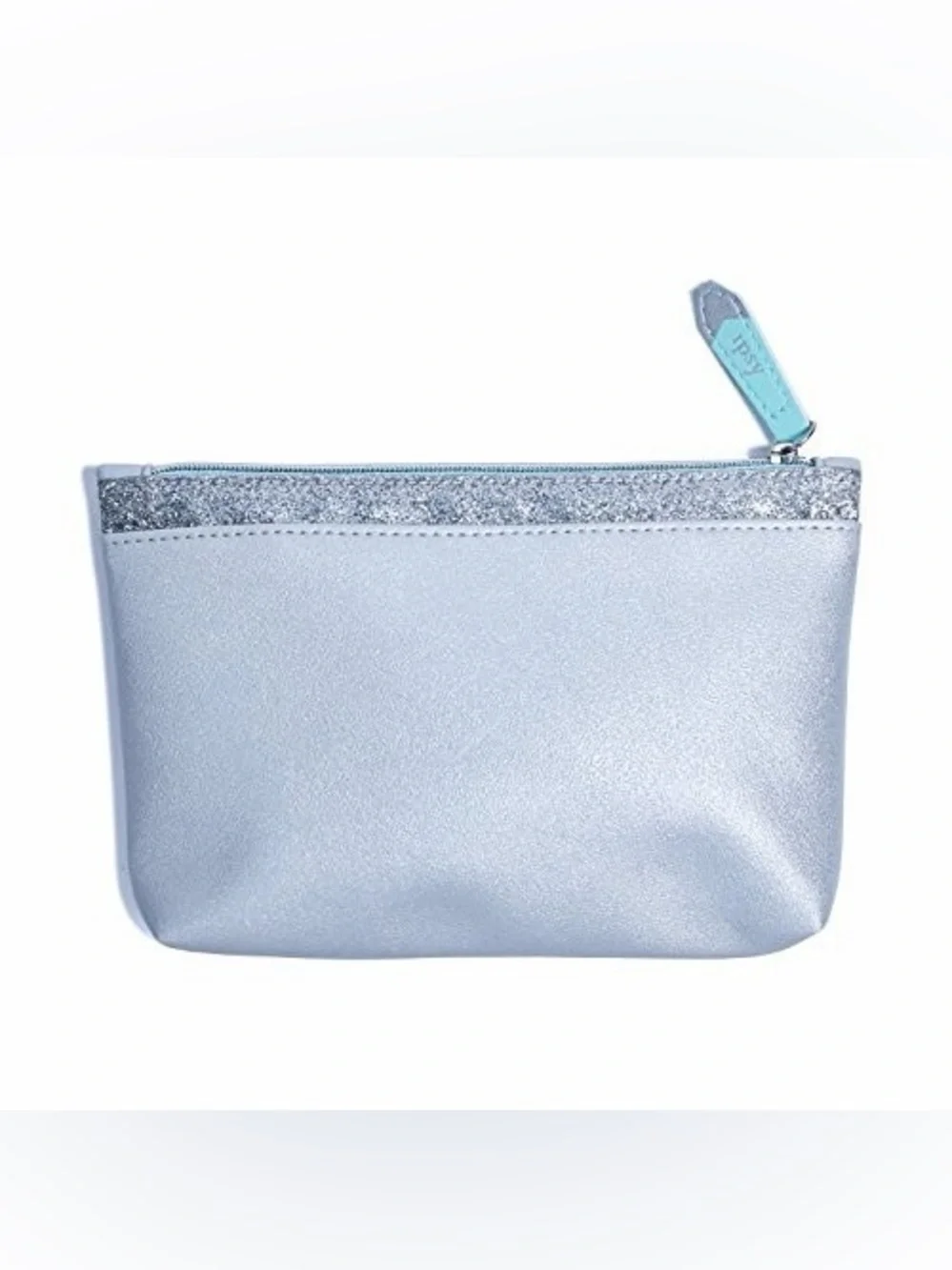 Ipsy Silver Metallic Cosmetic Bag Glitter Trim Mint Zipper Makeup Pouch Travel